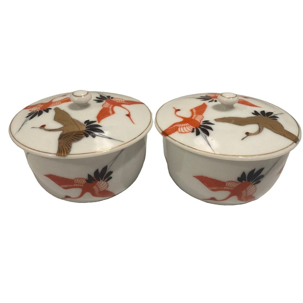 2 Vtg Japanese Kutani 3" Lidded Bowls/Sencha Teacups Flying Cranes Gold Gilt